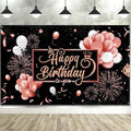 Blulu Happy Birthday Backdrop Banner Sign Poster Large Fabric Glitter Balloon Fireworks Sign Photo Backdrop Background for Birthday Party Decoration Supplies, 72.8 x 43.3in (Pink and Black)