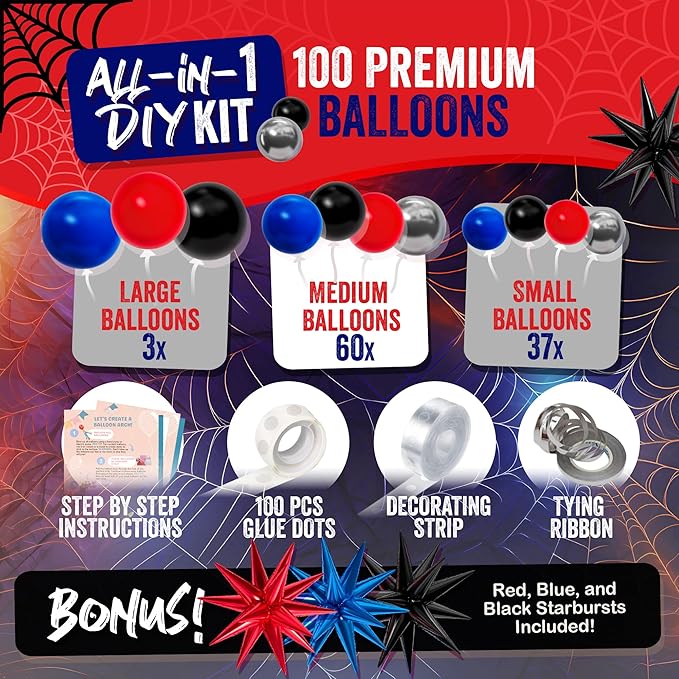 ALL-IN-1 Spider Balloon Arch Kit with BONUS Starburst for Spidy Birthday Decorations - Red Blue Spider Balloons for Spidy Man Party Decorations - Miles Birthday Decoration, Spidey Balloons