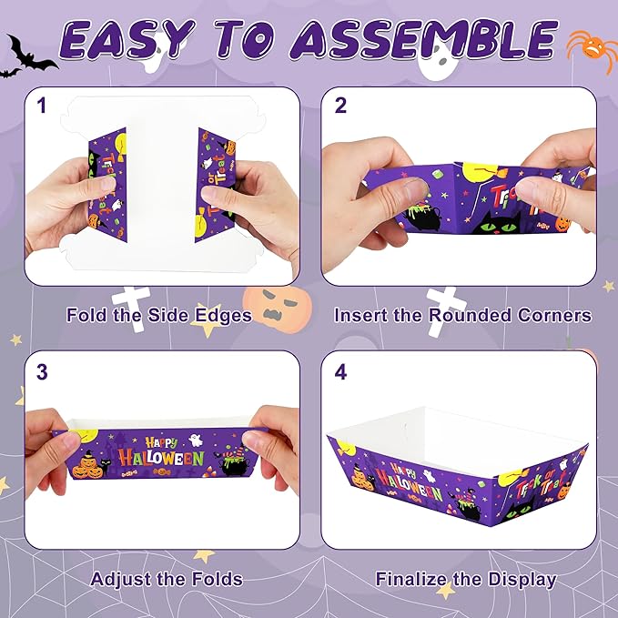 50 PCS Halloween Decorations, Disposable Halloween Paper Food Trays, Fold-to-Assemble Halloween Party Favors, Take Out Food Serving Tray for Trick or Treat Party Food Storage Serving Supplies