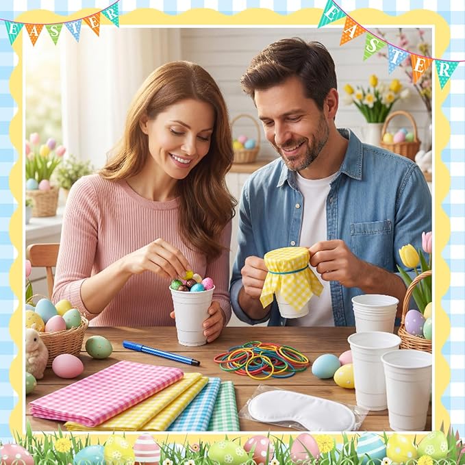 Capoda 60 Pack Easter Punch Game Set Easter Egg DIY Prize Punch Box Game Include 60 Pcs 16oz Plastic Cups 60 Sheet Tissue Paper Pens Blindfolds and 160 Pcs Rubber Bands for Outdoor Indoor Family Party