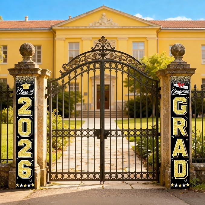Graduation Decorations 2026 - Black and Gold Graduation Banner Class of 2026 Congrats Grad Party Supplies Decorations Door Banner 2026 for Graduation Decor