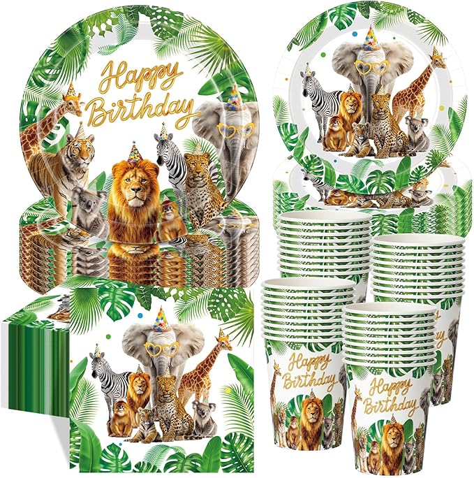 250 Pcs Safari Birthday Decorations for 50 Guest, Jungle Animals Paper Plates Napkins and Cups for Wild Animals Lion Tiger Zoo Theme Party Supplies