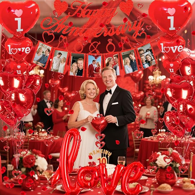 Happy Anniversary Decorations Set - Happy Anniversary Banner and Balloons, Photo Banner, I Love You and Red Heart Balloons with Rose Petals for Weddings, Valentine's Day and Anniversaries