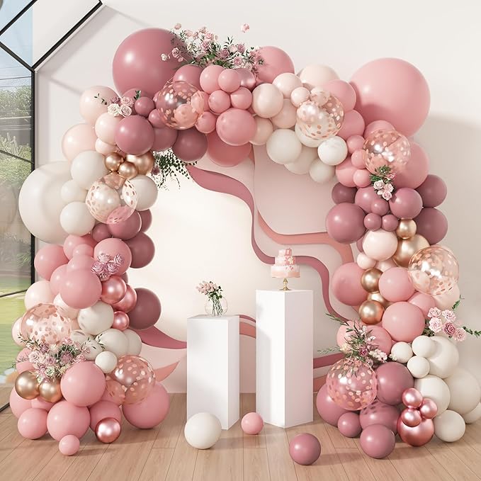 Amandir 173Pcs Dusty Rose Pink Nude Balloon Garland Arch Kit, 18In Retro Blush Peach Mauve White Sand Gold Confetti Balloons for Girl Baby Shower Wedding Boho Birthday Party Decorations