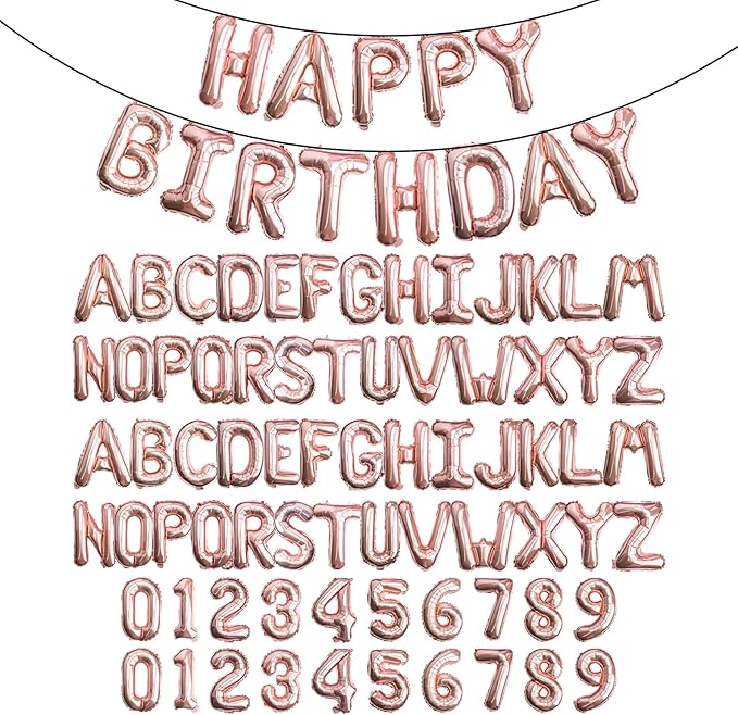 [85 PCS] 16" Rose Gold Letter Number Balloons, Happy Birthday & 2 Sets of A-Z 0-9, Foil Mylar Aluminum Hanging Alphabet for Graduation New Year eve Birthday Party Decorations