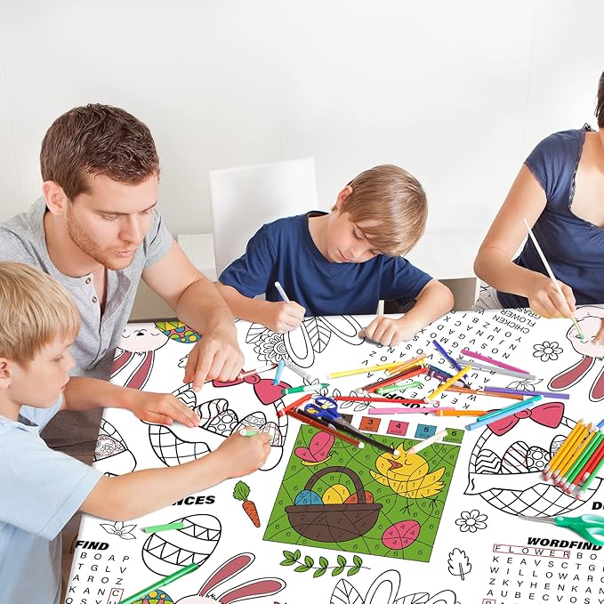 Gatherfun Disposable Easter Color-in Paper Tablecloth Decoration，Happy Easter Paper Table Cover for Children School Party Decor-54 x 88 in，1 pcs