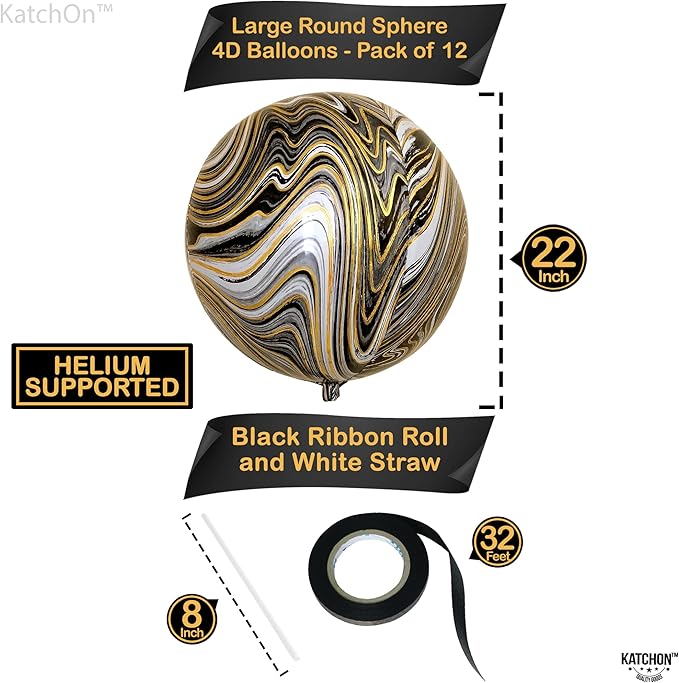 KatchOn, Black and Gold Marble Balloons - Big 22 Inch, Pack of 12 | 4D Marble Black and Gold Balloons for Birthday Party Decorations | Agate Balloons for Retirement, Dance Party Decorations