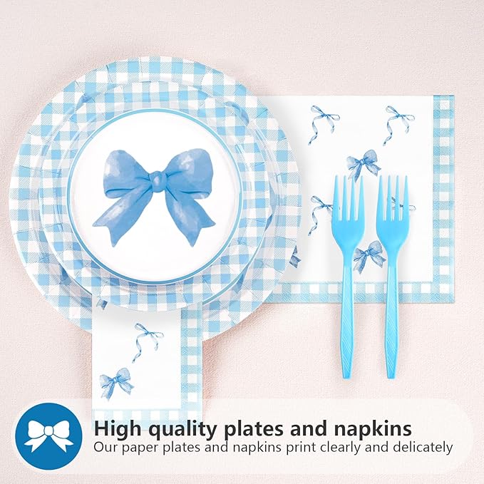 96Pcs Blue Bow Birthday Decorations Blue and White Gingham Plaid Plates and Napkins Sets Coquette Party Decorations for Girls Boys Baby Shower Summer Picnic BBQ Barbecue Party Supplies Serve 24