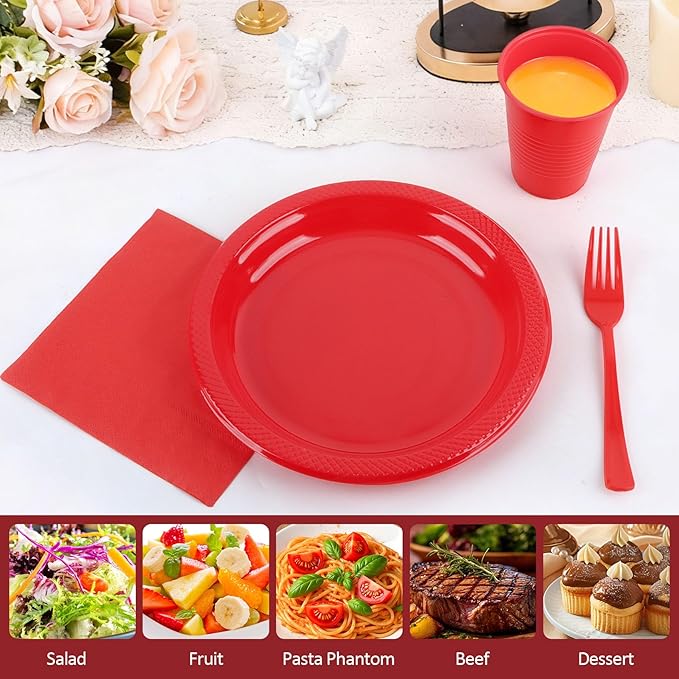 Red Plastic Plates for Party, Disposable Red 9'' Dinner Party Plate Cups Napkins Set for 50 Guests, Party Supplies Dinnerware for Christmas, Birthday,Wedding, BBQ