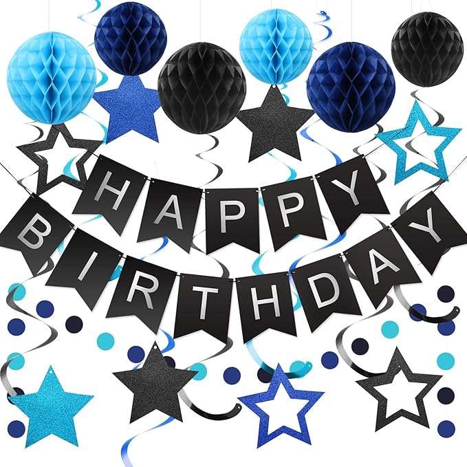 meowtastic Birthday Decorations, Happy Birthday Banner with Honeycomb Balls, Stars Hanging Swirl Streamers, Circle Dots Garland, Happy Birthday Party Decorations for Women Men Boys Girls (Black&Blue)