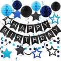 meowtastic Birthday Decorations, Happy Birthday Banner with Honeycomb Balls, Stars Hanging Swirl Streamers, Circle Dots Garland, Happy Birthday Party Decorations for Women Men Boys Girls (Black&Blue)