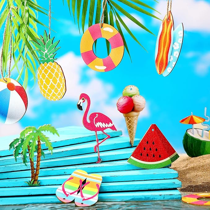 Chunful 30 Pieces Summer Tree Ornaments Christmas in July Wood Hanging Decoration Beach Wooden Slices Winter Tree Ornaments with String for Luau Hawaiian Party Supplies (Cute Style)