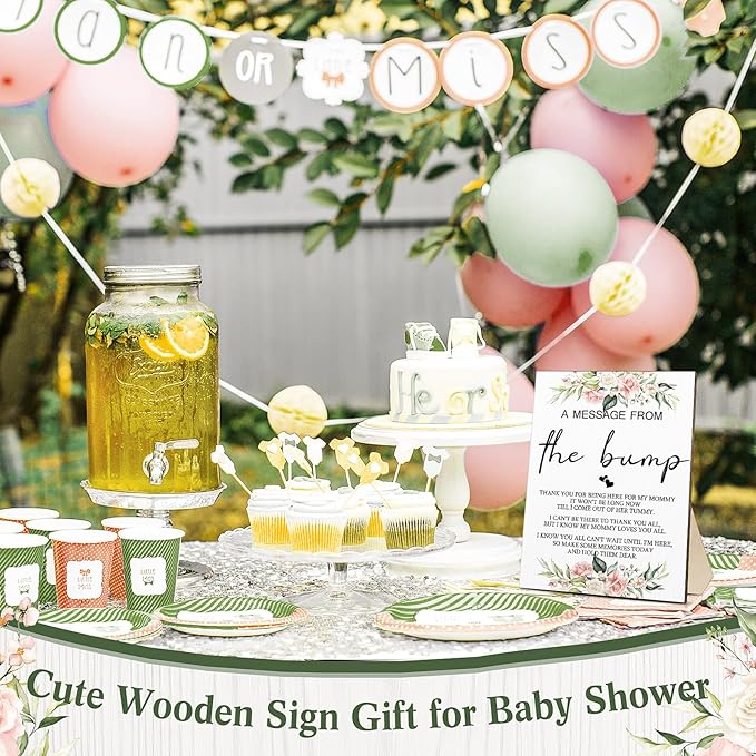 Roowest Cool Baby Shower Tabletop Decoration a Message from the Bump Wooden Baby Shower Games Sign Greenery Cute Gender Reveal Party Thank You Sign, 11.2 x 8.66 Inches(Floral)