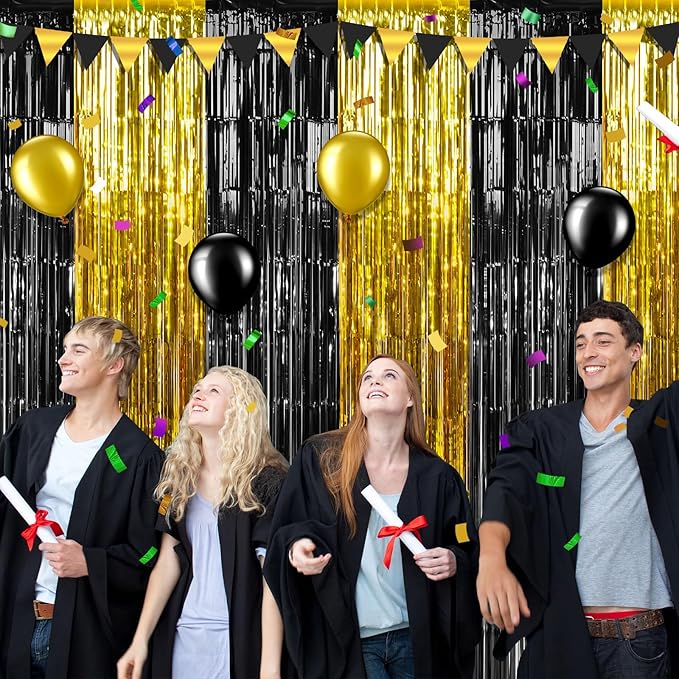 6Pack 3.3Ft x 6.6Ft Graduation Foil Fringe Curtain Backdrop Decorations, Black Gold Metallic Tinsel Foil Streamers Curtain Photo Booth Background for Graduation Prom Wedding Birthday Party Decorations