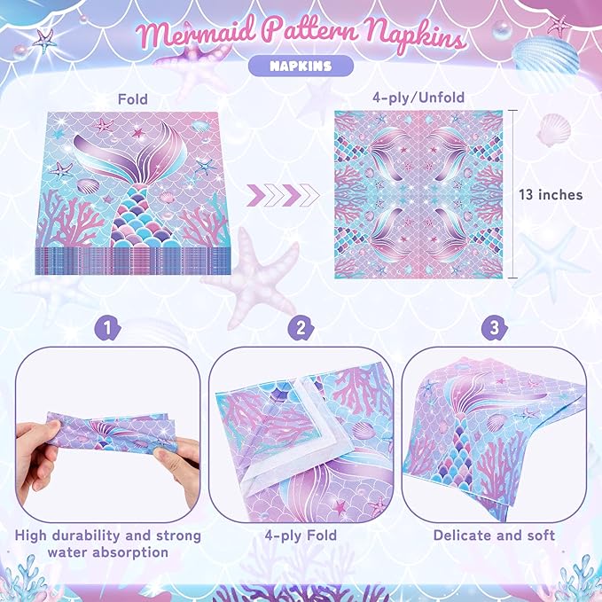 72PCS Mermaid Birthday Plates and Napkins, Set of 24 Disposable Paper Plates for Sea Themed Birthday Party Decorations, Mermaid Themed Party Supplies