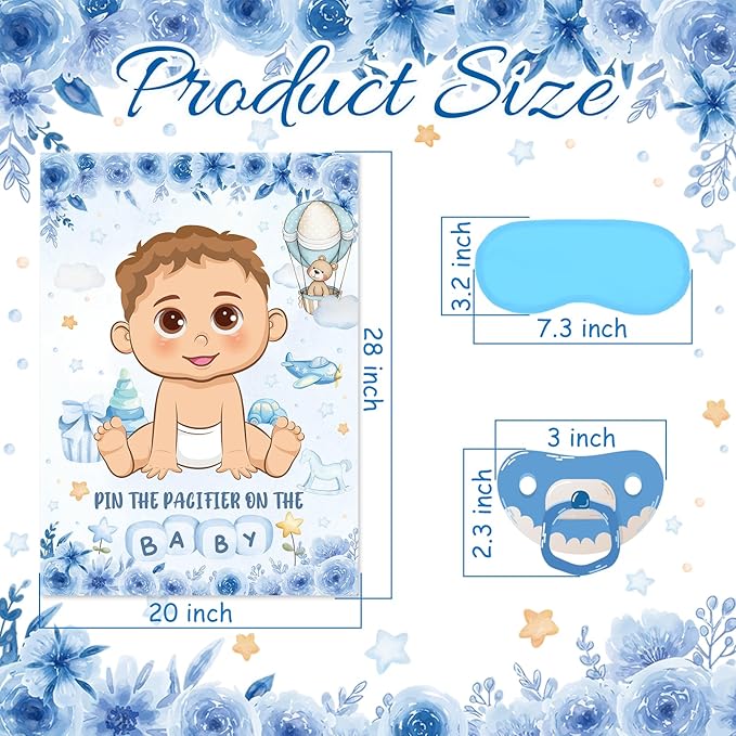 Pin The Pacifier On The Baby Game, Blue Baby Shower Decoration Pin Pacifier on Baby Poster Game with Poster 48 Pacifier Stickers Blindfold Game for Blue Bear Baby Shower Birthday Party Decorations