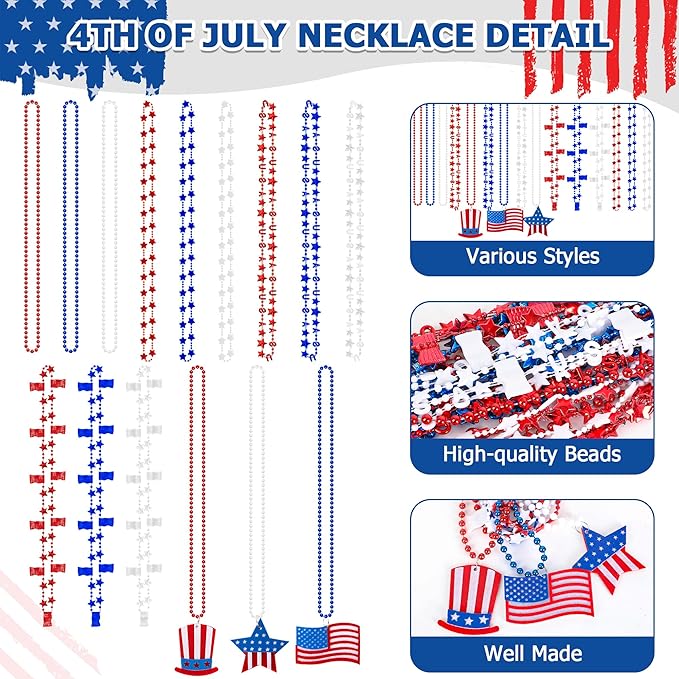 72PCS 4th of July Accessories, Independence Day Bead Necklaces, USA Hat Flags Pendant Patriotic Fourth of July Red Blue White Necklace, Metallic Necklace for Flag Day Parades Party Favors Decorations