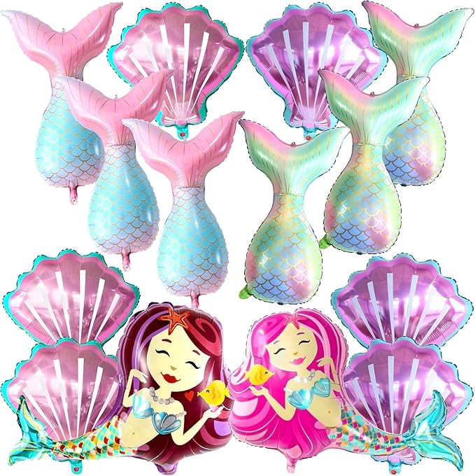 KatchOn, Big, Colorful Mermaid Balloons Set - 38 Inch, Pack of 16 | Mermaid Tail Balloon, Seashell Balloons | Mermaid Foil Balloons for Mermaid Party Decoration | Mermaid Birthday Balloon Decorations