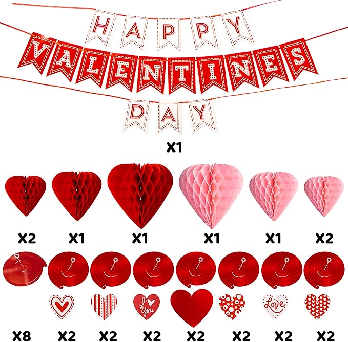 JOYIN 31 Pcs Valentines Day Swirl String Cutout,Decoration Kit with Banner, Garland, Foil Swirls, Hanging Swirls with Heart Pendant,Heart Honeycombs for Valentines Party, Wedding ,Anniversary