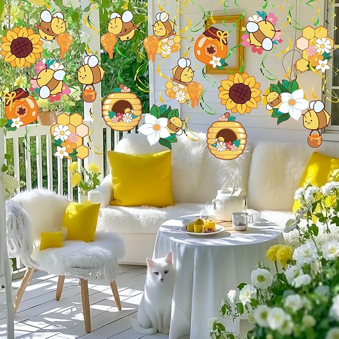 Bumble Bee Hanging Swirl Decorations, 48Pcs Bee Party Swirls Ceiling Streamers for Spring Summer Themed Party Supplies
