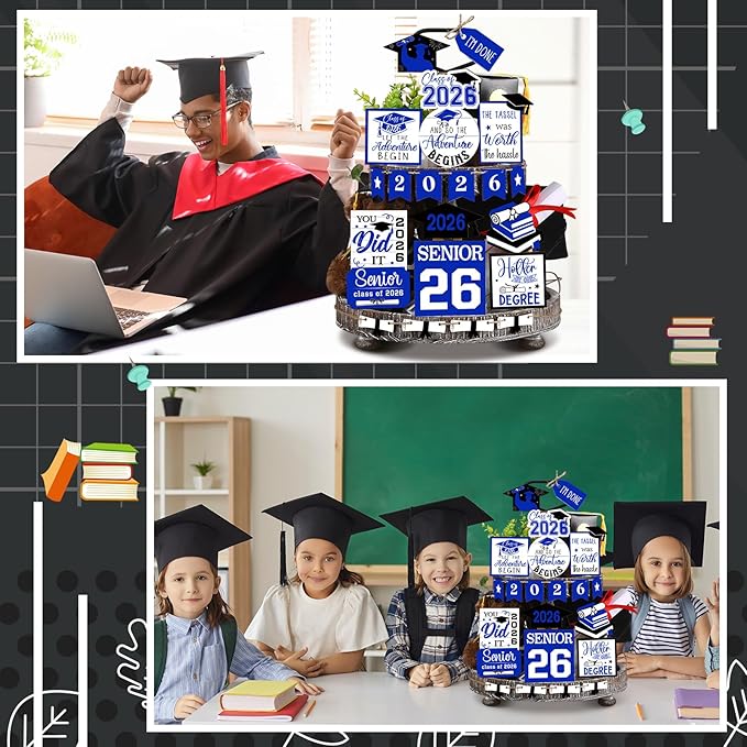 22 Pcs 2026 Graduation Tiered Tray Decor Sets Wooden Graduation Class of 2026 Table Decorations Senior 2026 Gown Diploma Farmhouse Signs for Home Shelf Party Office Desk(Blue)