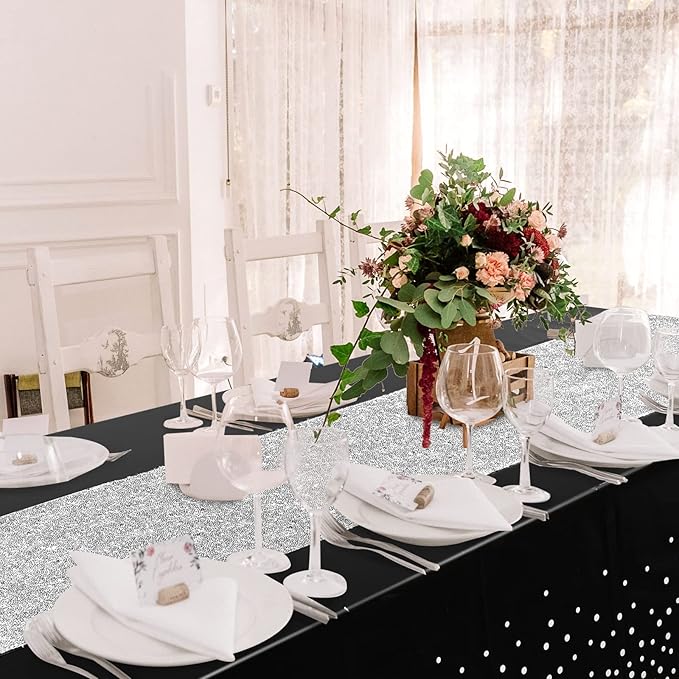 Irenare Tablecloth and Sequin Table Runner Set Polka Dots Confetti Table Cover Dining Plastic Tablecloths Glitter Decorations for Birthday Wedding Anniversary Party Supplies(Black, Silver,2 Pcs)