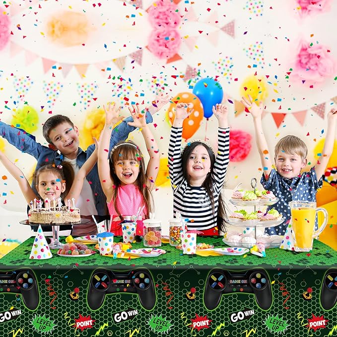 Tatuo 3 Pcs Video Game Table Cover, Game Theme Birthday Decoration Plastic Table Cloth Party Supplies for Boys Girls Kids Player Geek Party Decorations, 54 x 108 Inch (Green)