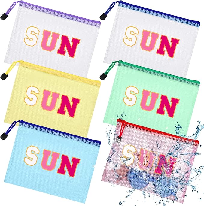 Kacctyen 12 Pcs Sunscreen Bag Clear Makeup Bag Beach Vacation Essentials Summer Pool Waterproof Toiletry Pouch Portable Preppy Letter Mesh Zipper Organizer for Women Family Travel Gifts(Pink,Sun)