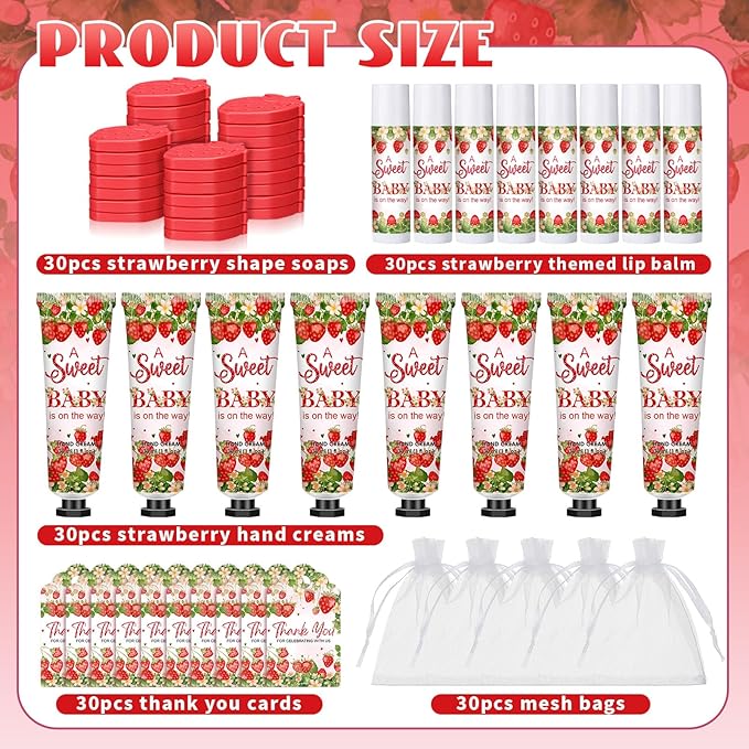 Loopeer 30 Set/150 Pcs Strawberry Baby Shower Favors for Guests Gifts Hand Cream Lip Balm Soap Party Favors Gifts Travel Size with Organza Bags, Thanks You Card for Baby Shower Birthday Wedding