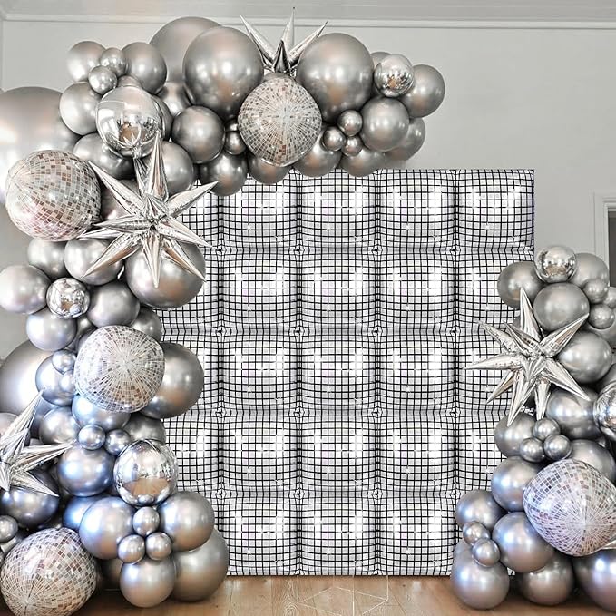 Silver Disco Square Foil Balloons Wall, 25PCS Double Sided Shiny Metallic Silver Square Balloon Backdrop Tunnel Arch Kit Background Decor for Retro 70s 80s 90s Disco Birthdays New Year Graduation