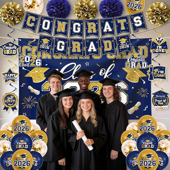 Navy Blue and Gold Graduation Decorations 2026 Set, All-in-1 Kit with Congrats Grad Banner Class of 2026 Backdrop Porch Sign Balloons Centerpieces Card Box Pom Poms Streamers for College High School