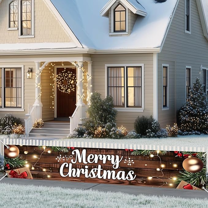 Merry Christmas Decorations Banner 118x20 Inch Polyester Fabric Tree Branches Presents s for Indoor Outdoor Garden Fence Outdoor Porch sign Party Supplies Banners