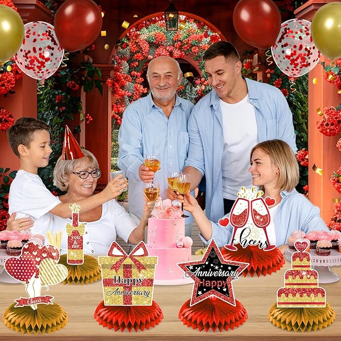 8Pcs Happy Wedding Anniversary Decorations Red Gold Anniversary Table Honeycomb Centerpiece Anniversary Table Toppers Party Supplies for Adult 10th 20th 30th 40th 50th 60th Anniversary Table Decor