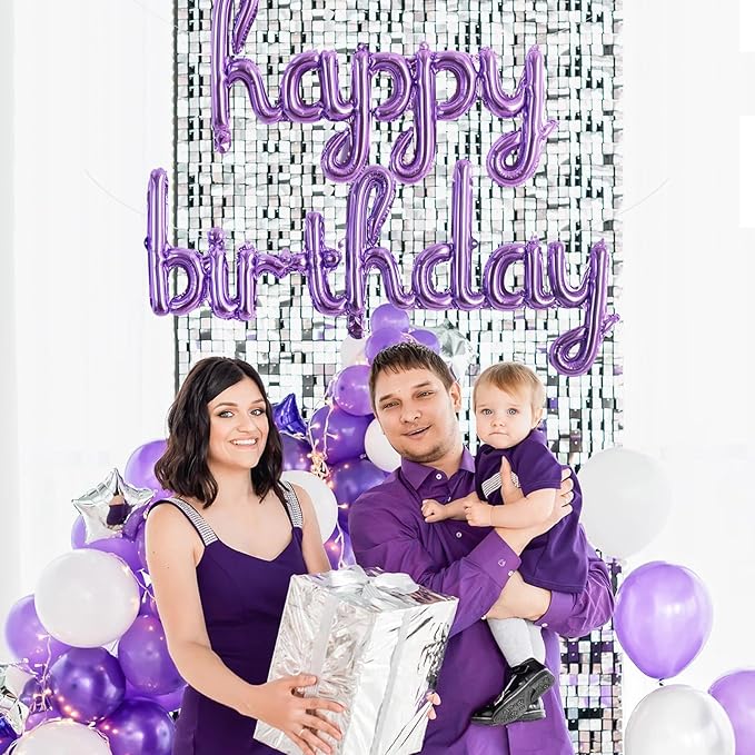 TONIFUL Purple Happy Birthday Balloons 16 Inch Purple Mylar Foil Script/Cursive Letters Balloons Sign Banner Reusable Material for Girls Boys Kids & Adults Birthday Decorations