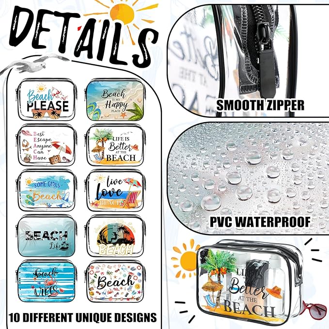 Kacctyen 10 Pcs Beach Clear Makeup Bags Gift for Women Clear Toiletry Bag Beach Cosmetic Bags Waterproof Travel Multifunction Pouch for Friend Sister Nurse Vacation Organization
