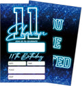 SIXEIGHT Blue 11th Birthday Party Invitations for Boys, Glow Neon Birthday Invitations, 20 Double Sided Invite Cards with Envelopes for Kids Girls, Party Decorations Supplies, 4"x6"-C11