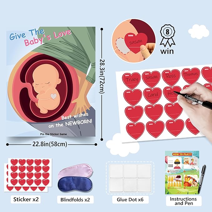 Baby Shower Games Party Favors, Pin The Heart on The Baby Games, BabyShower Favors Decorations Birthday Party Supplies for Adults Girl Boy - 40 Guests