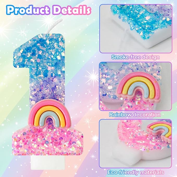 Rainbow Birthday Number Candles, Number 1 Candles, Cupcake Decorations, Macaron Birthday Cake Decorations, Cartoon Theme Party Supplies (Number 1)