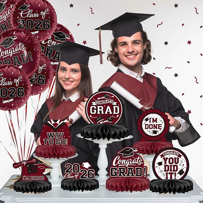 9PCS Graduation Party Decorations Class of 2026 Congrats Grad Table Centerpiece Congratulate Graduation Honeycomb Table Toppers for Graduation Party Supplies(Maroon,Black）