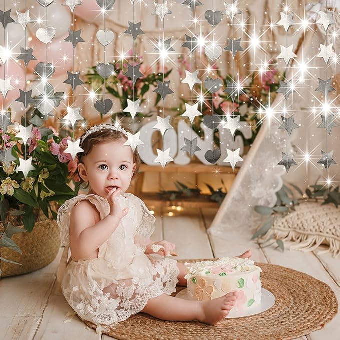 Silver Dot Heart Star Streamers 19.8 Feet Paper Garlands Glitter Disco Garland Hanging Banner for Birthday Homecoming Classroom Mothers Day Wedding Engagement Birthday Party Supplies