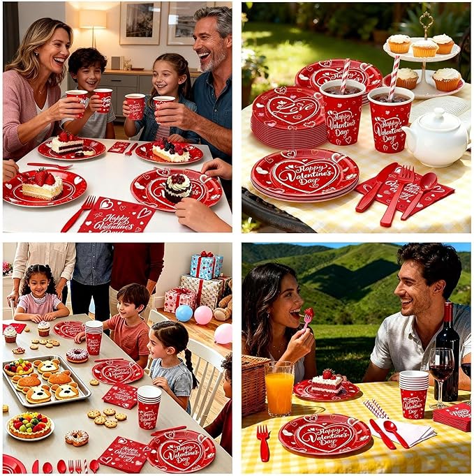 112PCS Valentine’s Day Heart Party Plates Supplies Love Red Heart Party Tableware Decoration Disposable Paper Plates Napkins Forks for Graduation, Anniversary(Serves 16)