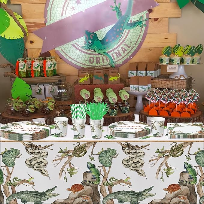 Reptile Birthday Party Supplies - Reptile Party Decorations, Plate, Cup, Napkin, Tablecloth, Tableware, Jungle Swamp Animal Lizard Snake Turtle Alligator Theme Party Decorations | Serve 24