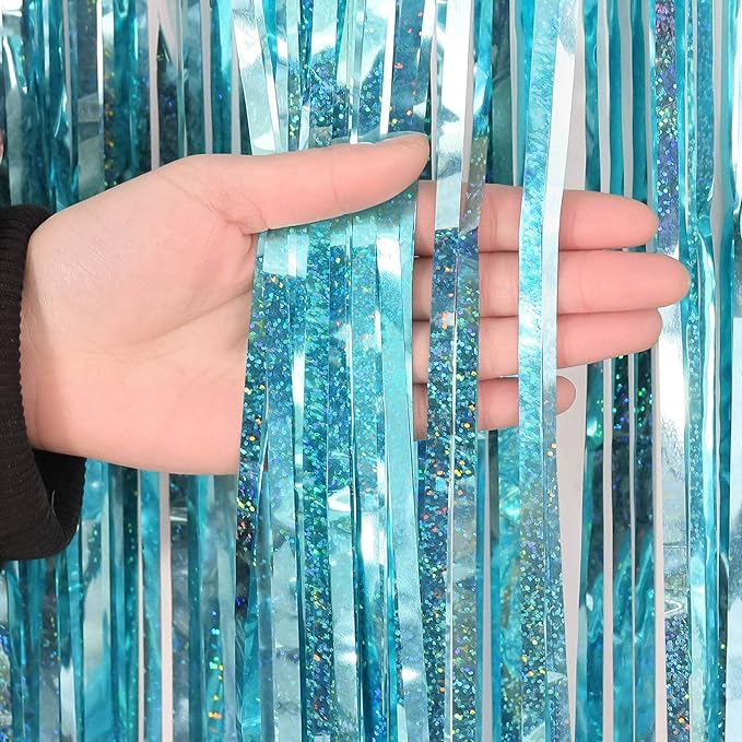 Blue Tinsel Foil Fringe Curtain Backdrop, 3.3 x 8.2 ft Metallic Glitter Curtain Streamers, 2 Pack Light Blue Photoboth for Birthday Mermaid Baby Shower Party Decorations