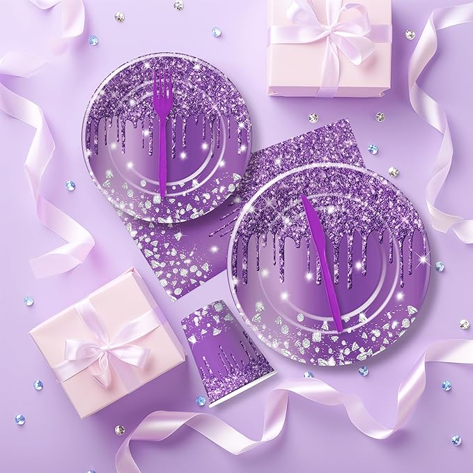 Purple Plates and Napkins Party Supplies - Decorations Tableware, Paper Plate, Napkin, Cup, Disposable Cutlery, Glitter Bridal Shower Birthday Table Decorations | Serve 24