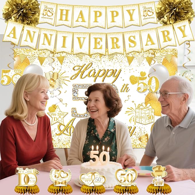 50th Anniversary Decorations, 50th Wedding Anniversary Party Supplies – White Gold Backdrop, Banner, Centerpieces, Hanging Swirls, Pom Poms for 50 Year Celebration (White Gold)