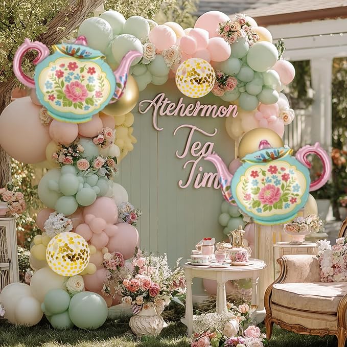 102 Pcs Tea Party Balloons, 35" Huge Teapot Aluminum Foil Balloons Pink Green Gold Confetti Latex Balloon for Girls Birthday Let's Par Tea Baby Shower Bridal Shower Garden Party Decorations Supplies