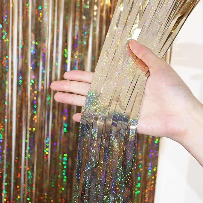 3.3 x 6.6 ft Foil Fringe Backdrop Curtains, Tinsel Streamers Party Decorations, Fringe Backdrop for Birthday, Baby Shower, Gender Reveal, Graduation (9, Champagne)