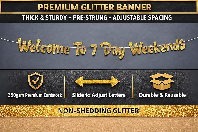 Pre-Strung Welcome To 7 Day Weekends Gold Glitter Banner - Retirement Decorations for Men and Women - Retirement Party Supplies and Gifts