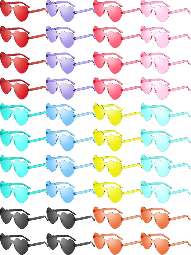 Weewooday 40 Pairs Heart valentines Glasses Rimless Heart Shaped Frameless Sunglasses Transparent Sunglasses Tinted Eyewear