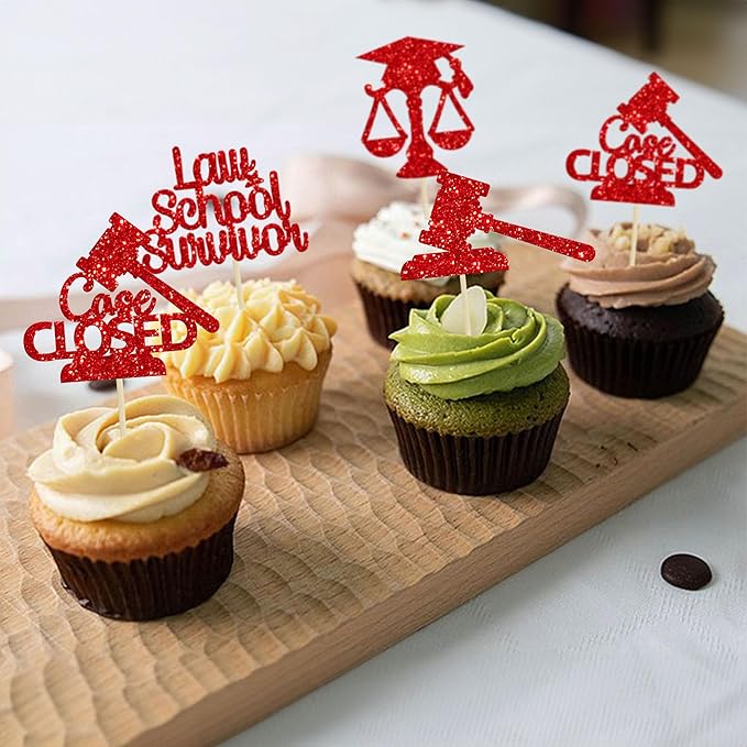 Gyufise 24Pcs 2026 Lawyer Graduation Cupcake Toppers Red Glitter Class Of 2026 Lawyer Grad Case Closed Cake Toppers Cap Diploma Cupcake Picks 2026 Graduation Theme Party Cake Decorations Supplies